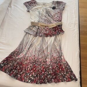 Karina Cream and Red Tiered Midi Dress with Cap Flutter Sleeves